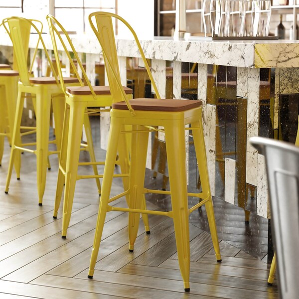 Flash Furniture 30" Yellow Metal Counter Stool-Teak Poly Seat CH-31320-30GB-YL-PL2T-GG - main